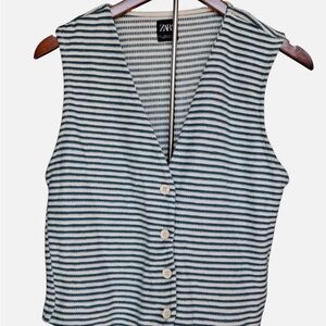 Zara Blue Cream Sleeveless Striped V Neck Button Short Vest Womens Size L